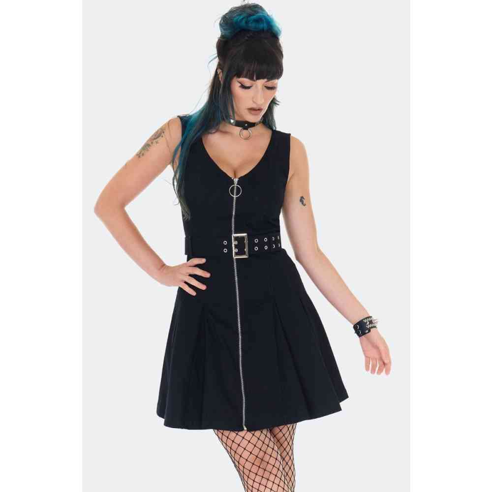 Jawbreaker - Belted Denim With Front Zip Mini jurk - Zwart